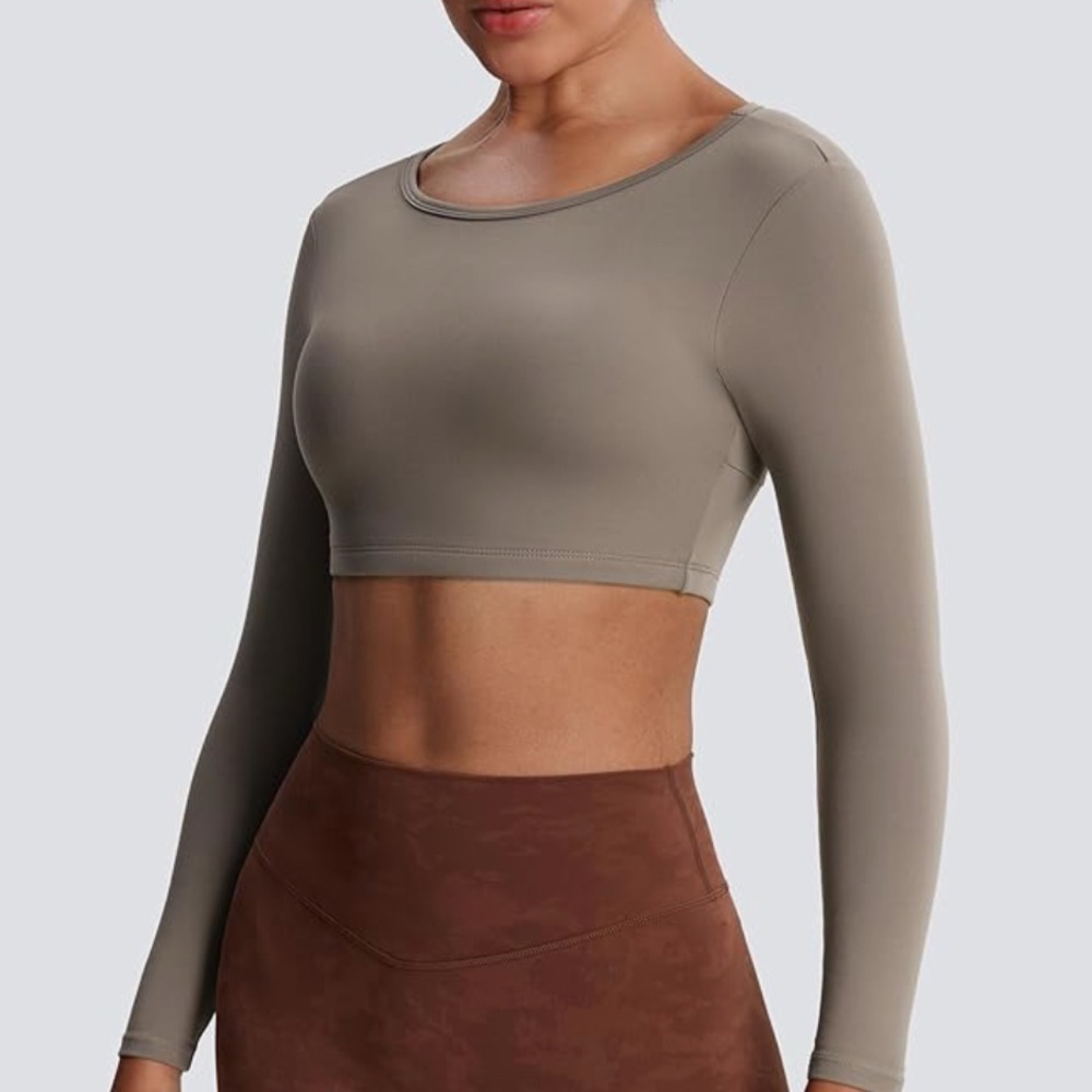 Beige Athletic Long Sleeve Crop Top
